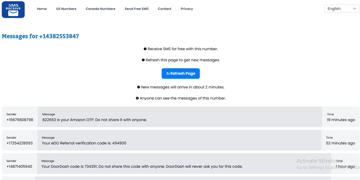 Wait for the sms message to appear under the phone number page